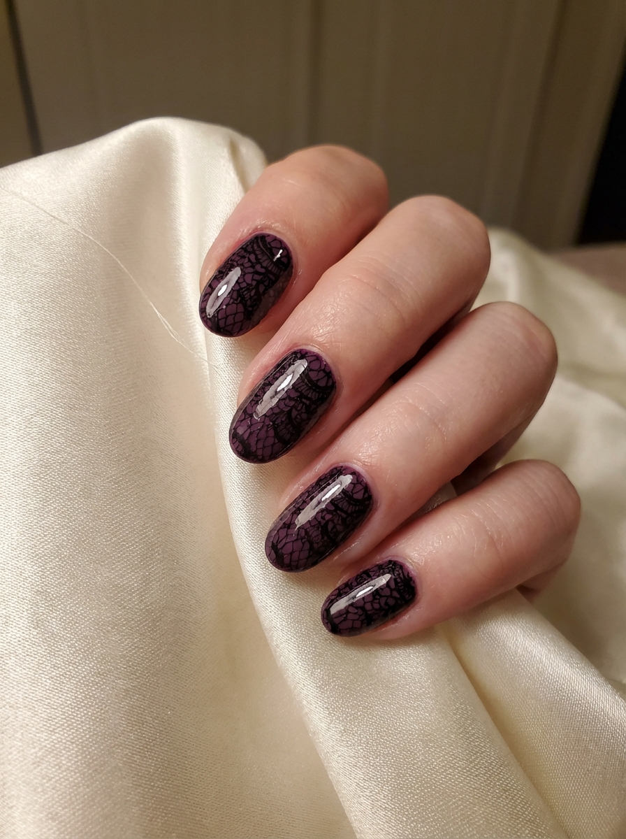 Against creamy satin fabric, manicured fingers display deep plum nails layered with black crackle patterns, capturing a purple and black nail art idea with bold texture.