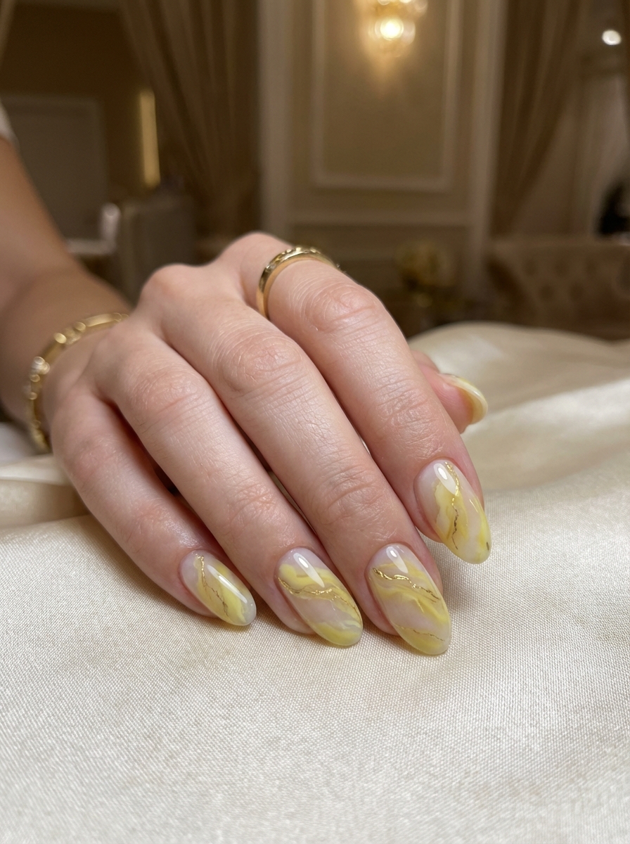 A hand showing yellow nail art idea with sheer base polish and flowing yellow marble details, accented with metallic gold lines, styled with gold rings on a creamy satin backdrop.