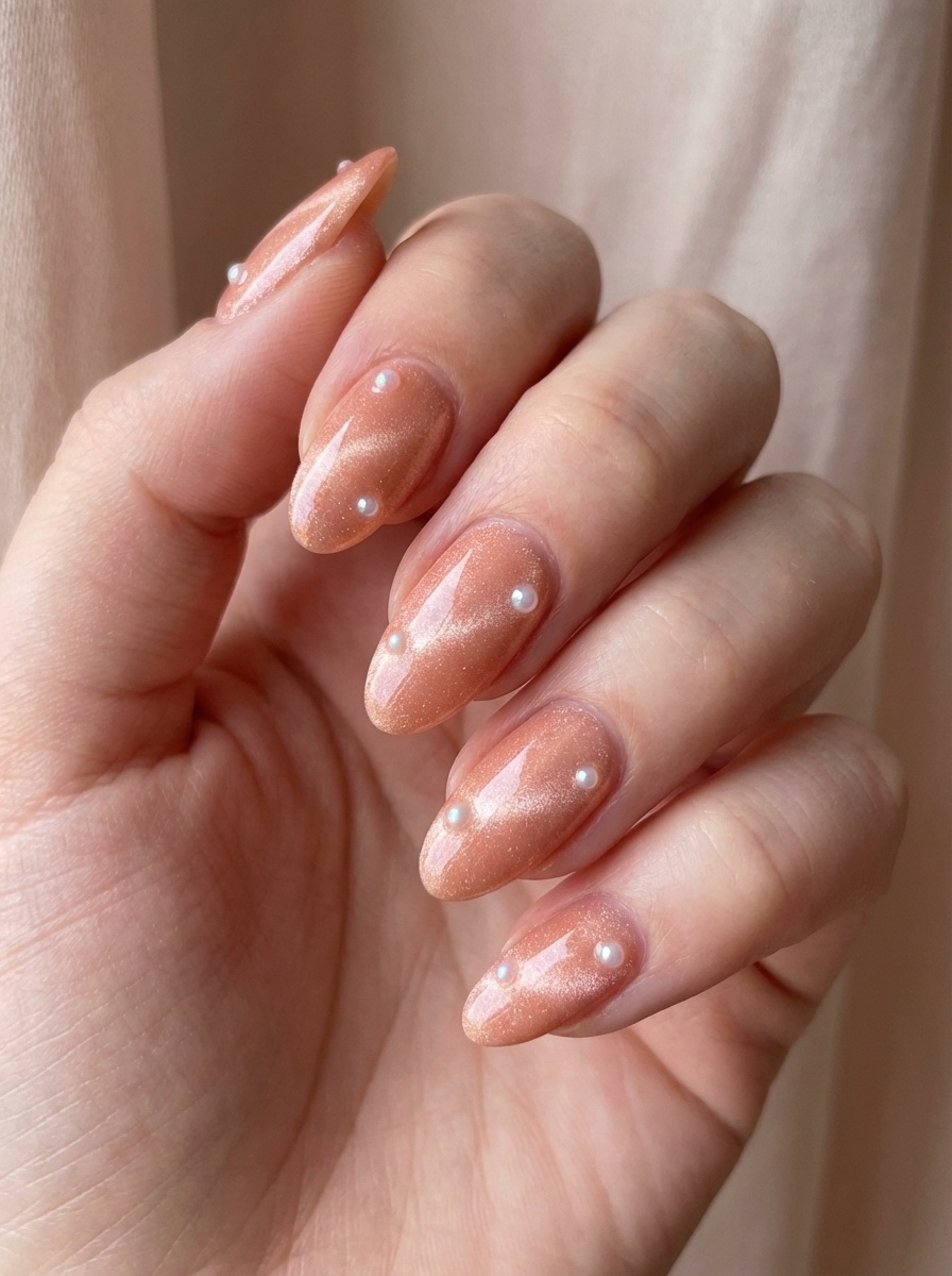 Feminine hand with oval-shaped nails painted in subtle metallic peach and adorned with small pearls—reflecting a romantic and polished peach nail art idea.