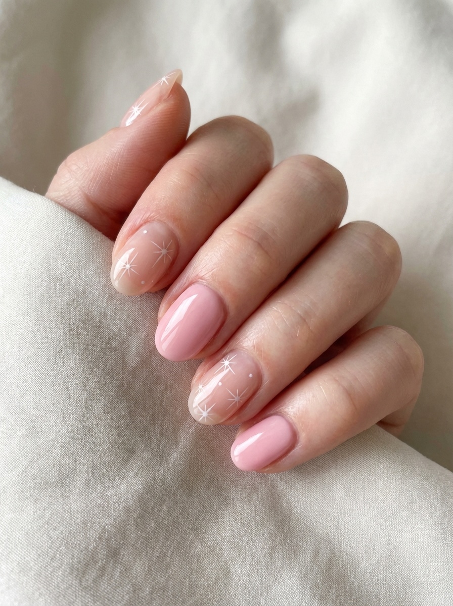Angled view of a relaxed hand highlighting a light pink nail art idea with sheer blush nails and delicate star-like designs scattered across select nails.