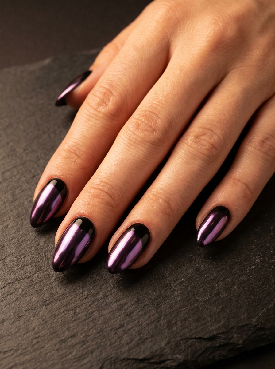 A liquid-metal sheen defines this purple and black nail art idea. Deep plum chrome melts into glossy black edges across smooth almond-shaped nails for a dramatic metallic look.