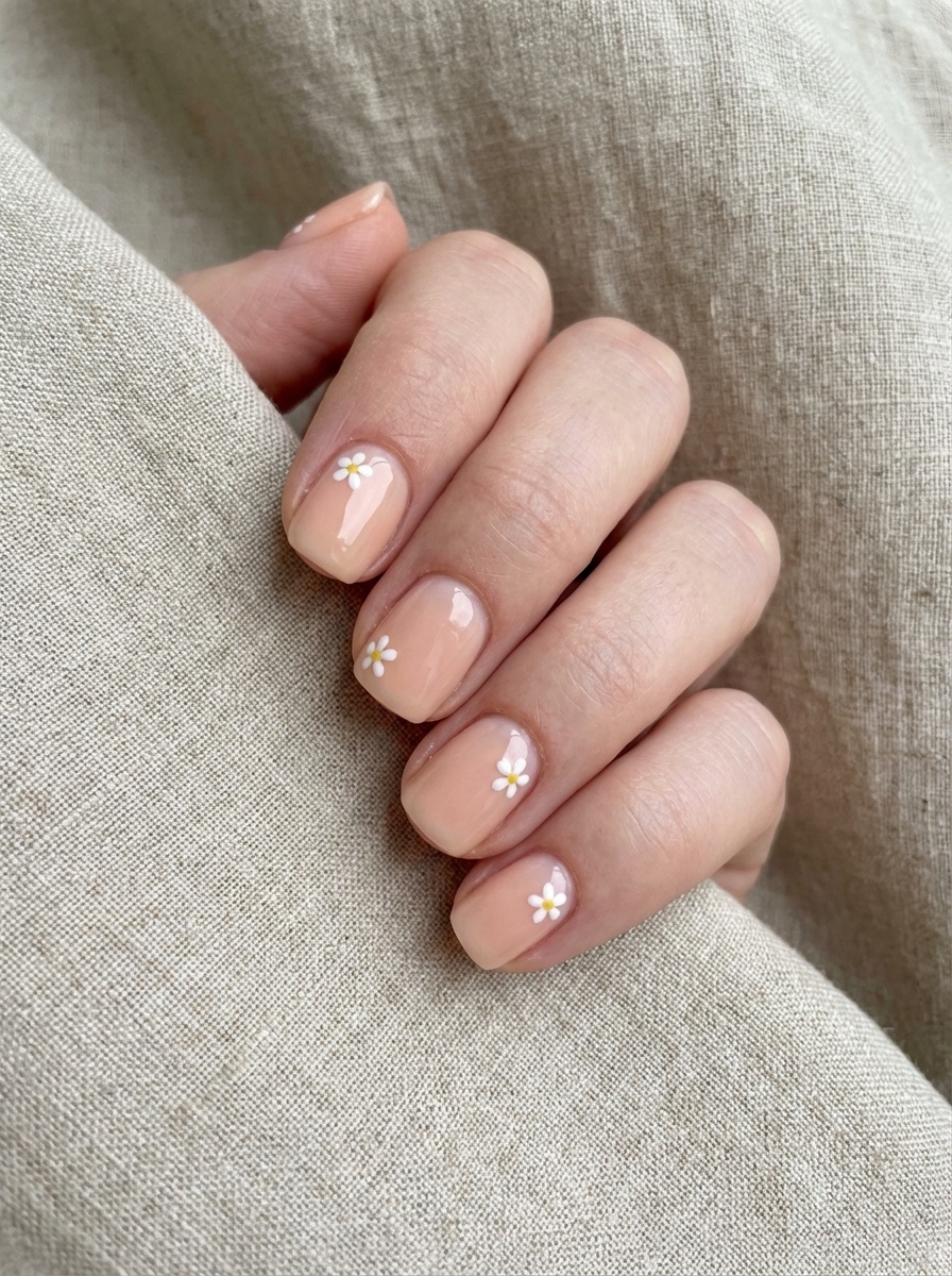 Short, rounded nails painted in a glossy peach nude, each featuring a single small white daisy with a yellow center—capturing a whimsical peach nail art idea with floral charm.