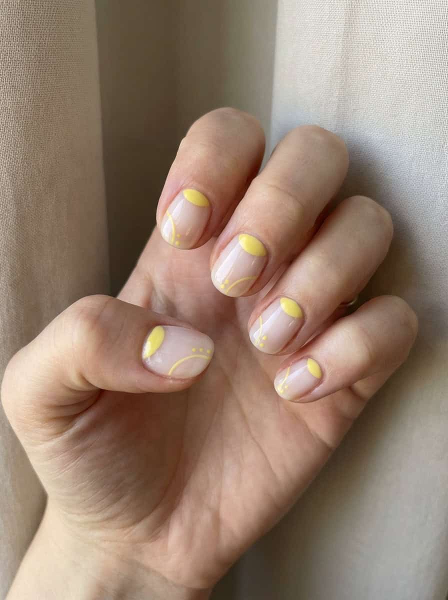 Close-up of a yellow nail art idea with pastel yellow almond nails, glowing under natural light with a pearly shine, styled in front of soft neutral fabric.