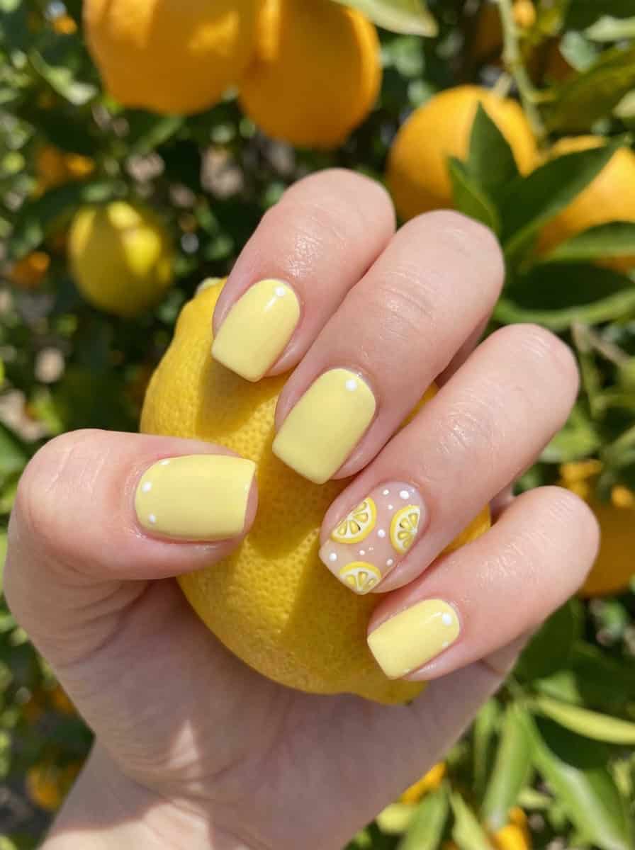 Yellow nail art idea with squared nails in creamy yellow, including accent nails with mini lemon slice art and white dots, styled against fresh lemons on the tree.