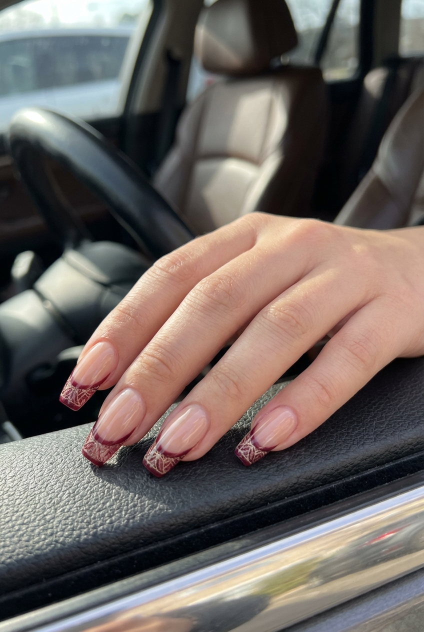 Close-up of fingers inside a car displaying a maroon nail art idea with translucent nude nails and detailed maroon lace-style French tips under warm daylight.