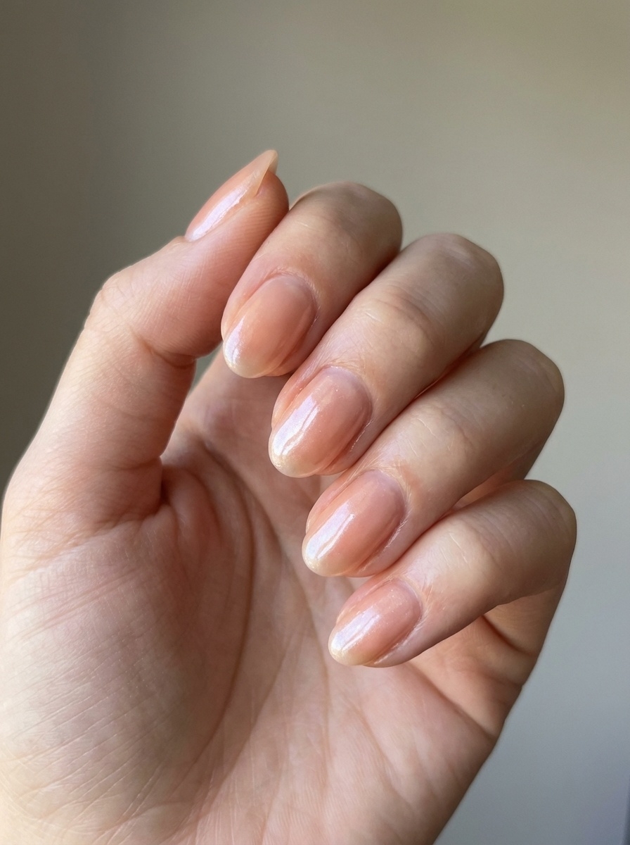Polished hand with natural-length nails featuring a glossy nude-peach finish, reflecting light in a subtle way—an editorial-inspired peach nail art idea with zero fuss.