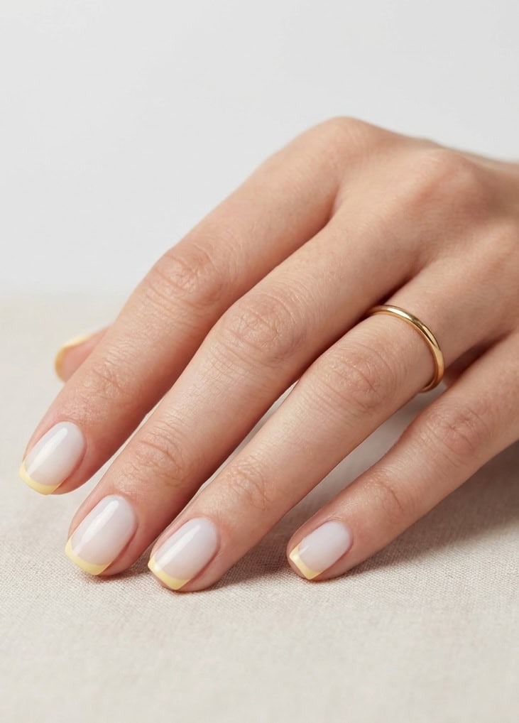 Yellow nail art idea on clean natural nails with light yellow tips in a soft French manicure style, set against a smooth beige cloth backdrop and gold jewelry.