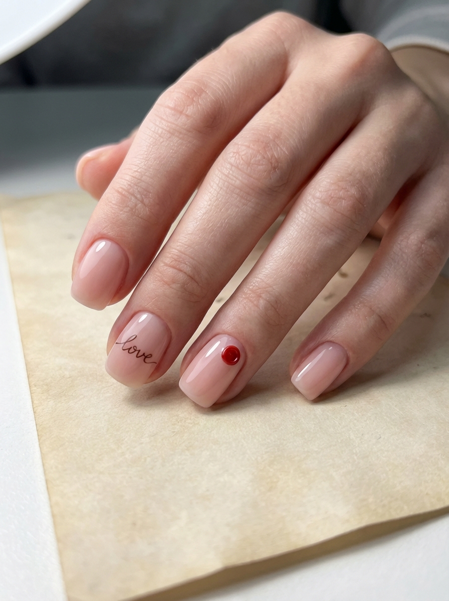 Angled view of a hand showing nude-pink glossy nails, highlighting one nail with “love” text and another with a red dot, presented as modern valentine's nail art ideas.