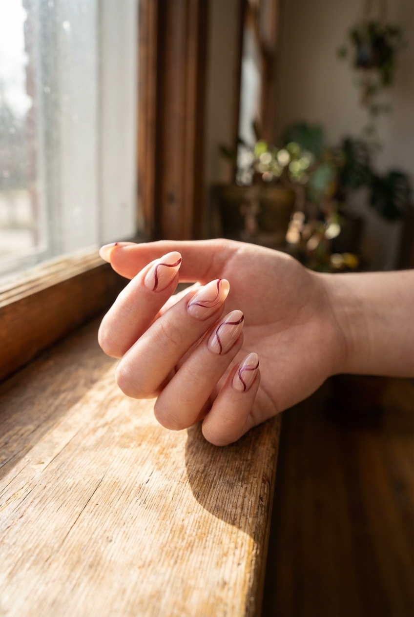 Fingers gently curled near a sunlit window displaying a maroon nail art idea with natural nude nails and thin maroon flowing line art designs.
