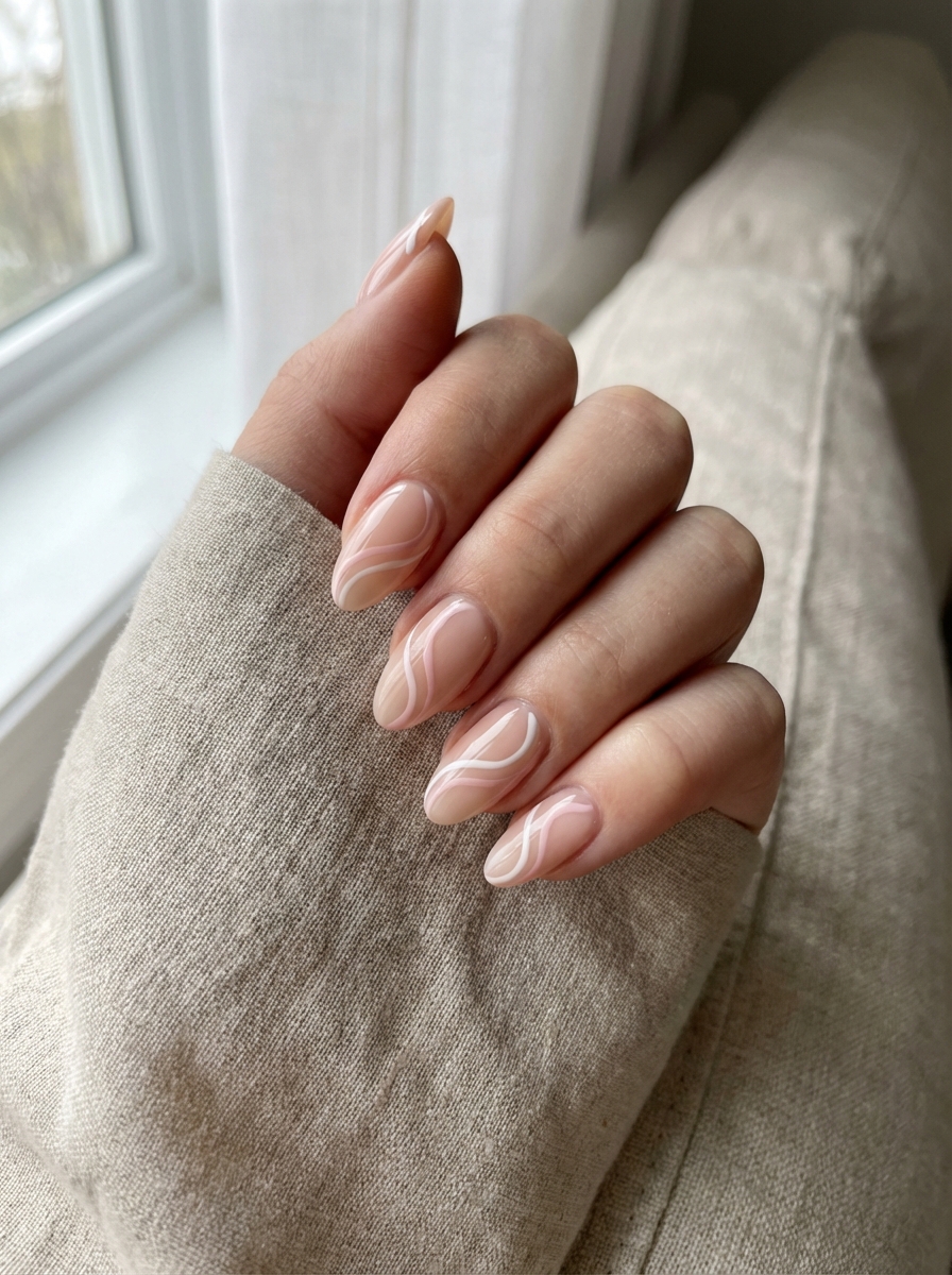 Fingers slightly curled beside a window displaying pretty nail art ideas with almond nails painted soft nude pink and detailed with thin white wavy line accents.