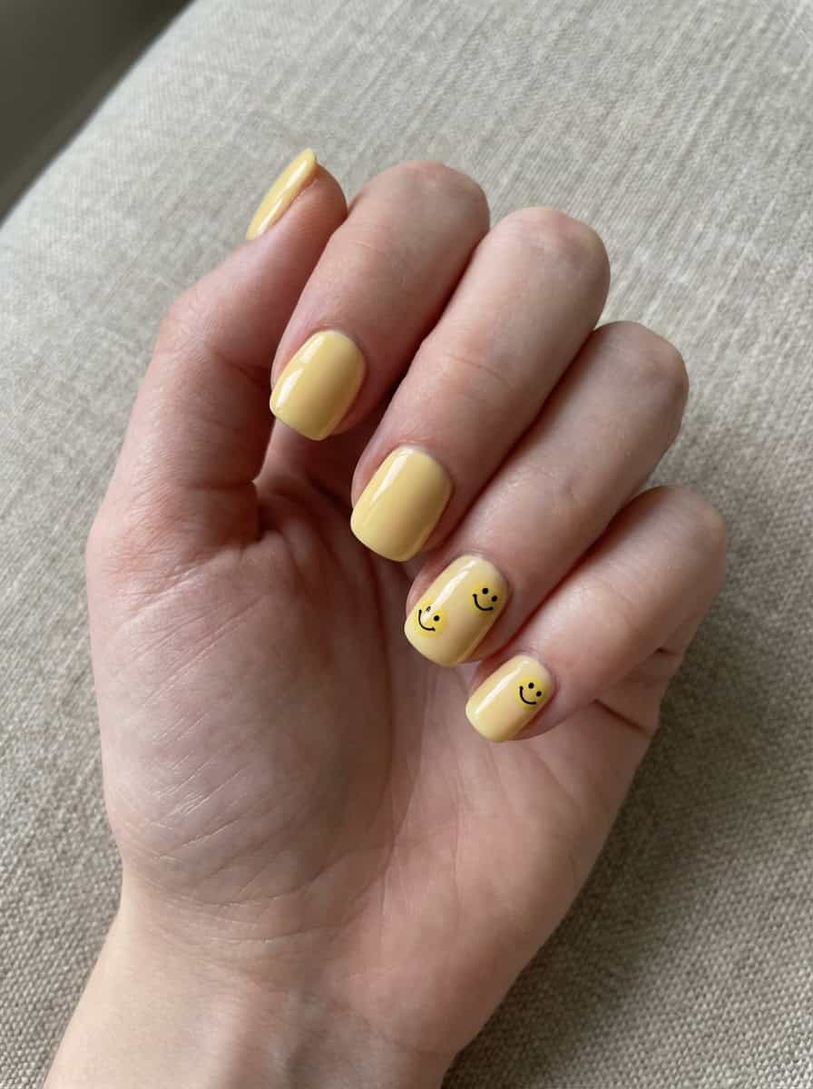 A yellow nail art idea on short, rounded-square nails painted in pastel yellow, with three nails featuring minimal black smiley faces, held against a textured beige fabric.
