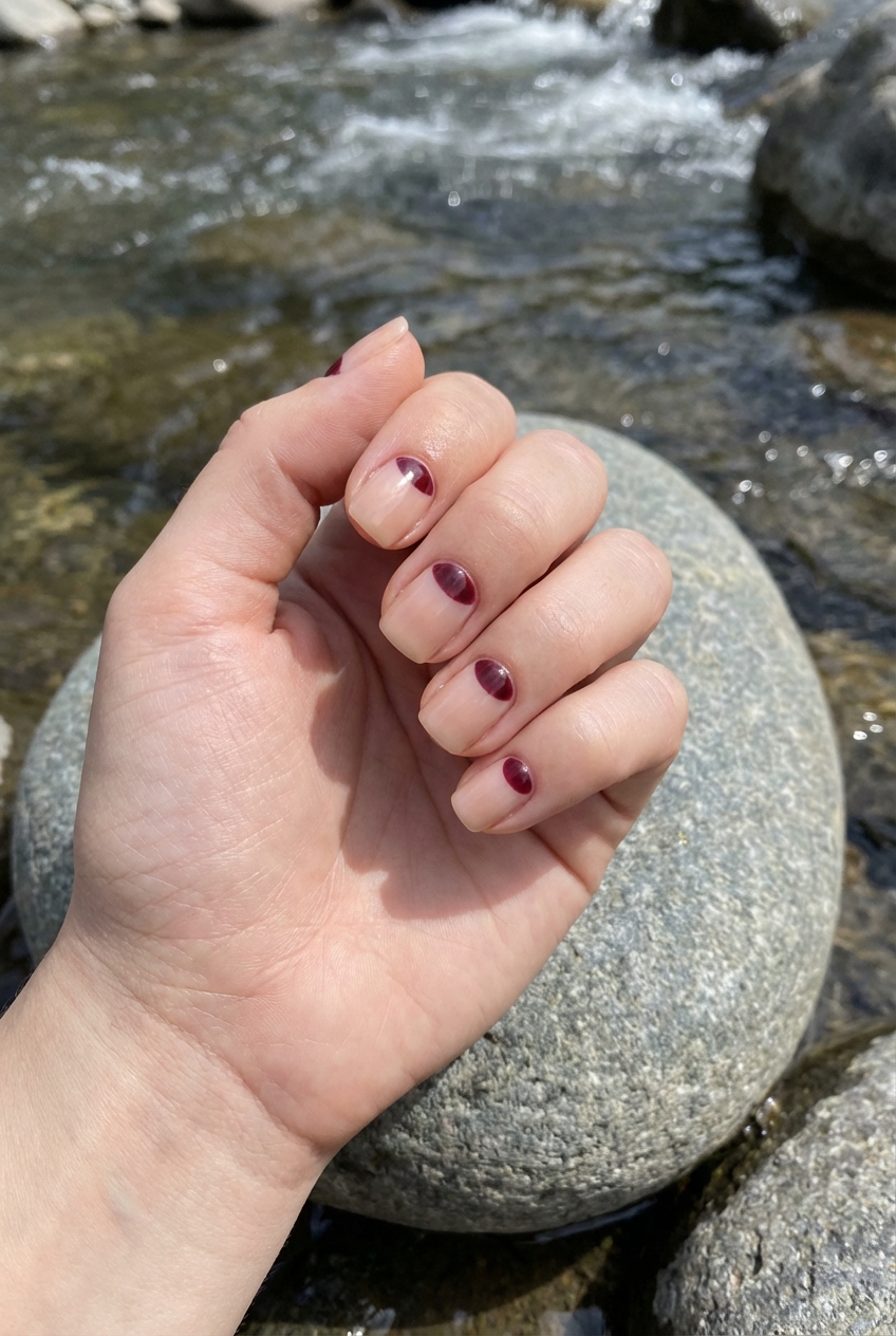 Hand resting on a smooth river stone beside flowing water showing a maroon nail art idea with short nude nails accented by small glossy maroon dots near the tips.