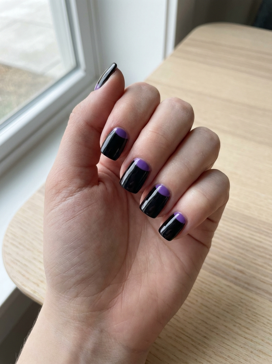 By a bright window and wooden table, a hand shows short glossy black nails topped with curved violet half-moon accents at the base, forming a purple and black nail art idea.