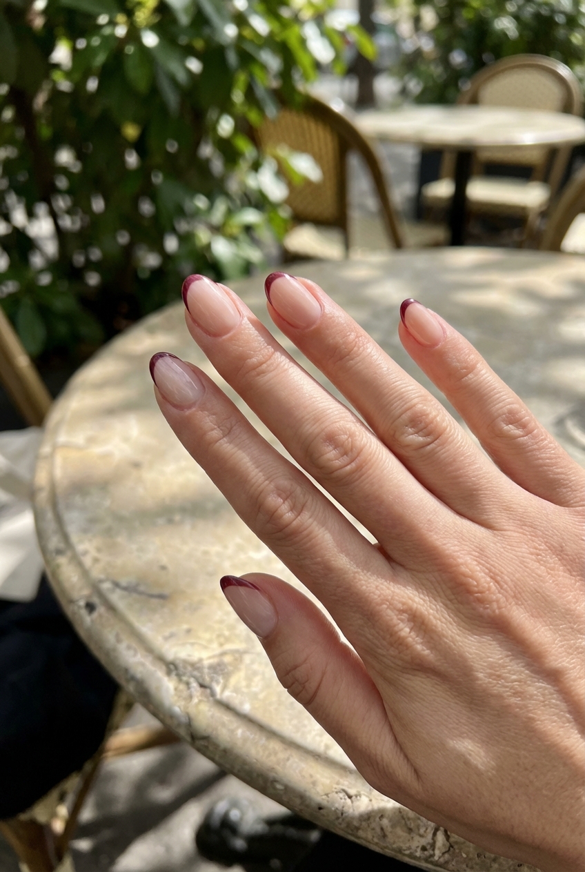 Hand resting near a marble café table displaying a maroon nail art idea with sheer nude almond nails and narrow maroon French tips against a blurred patio setting with plants and chairs.