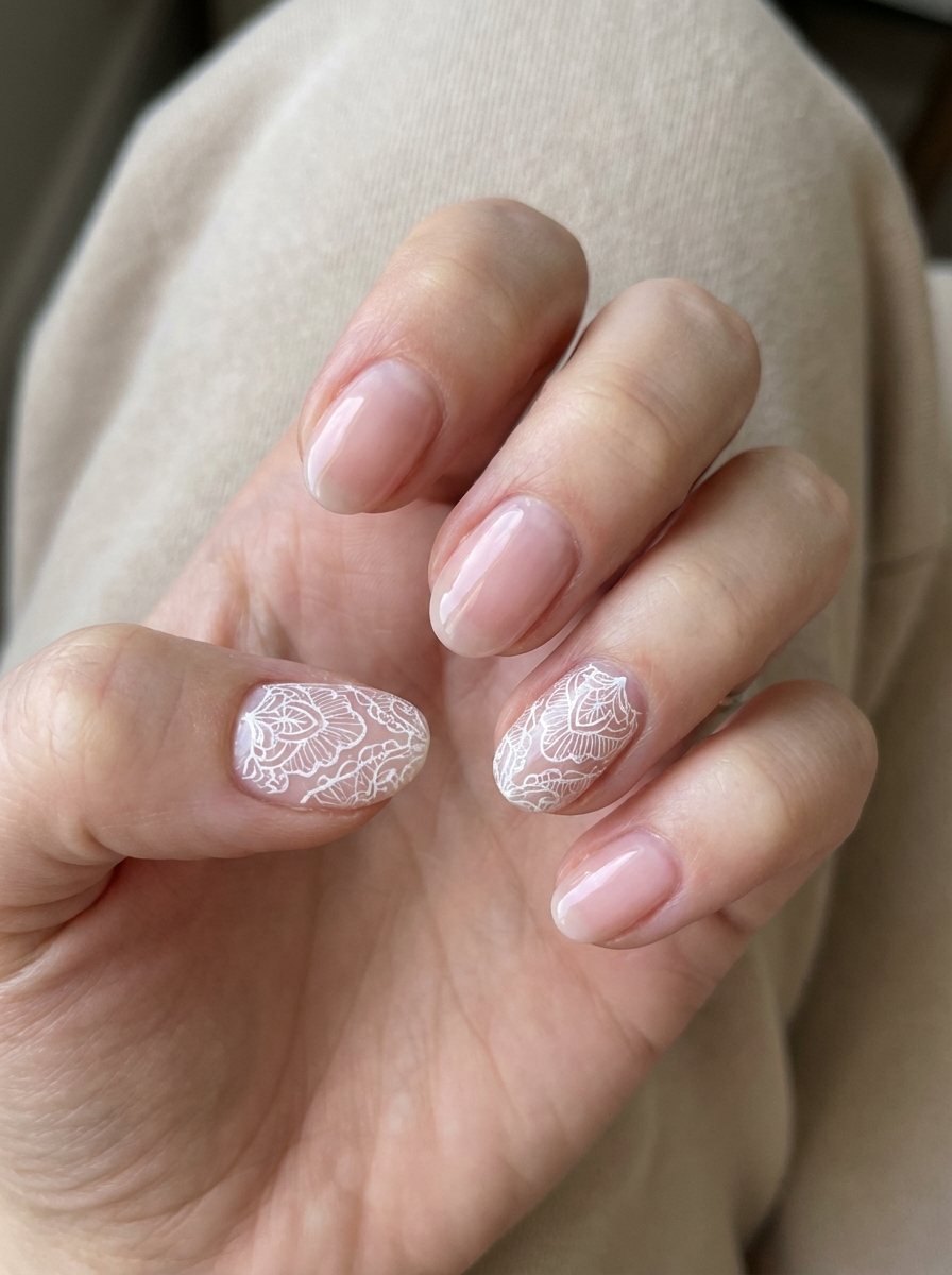 Close-up of a hand showing soft nude nails and white floral lace art on select nails—an elegant and graceful prom nail art idea.