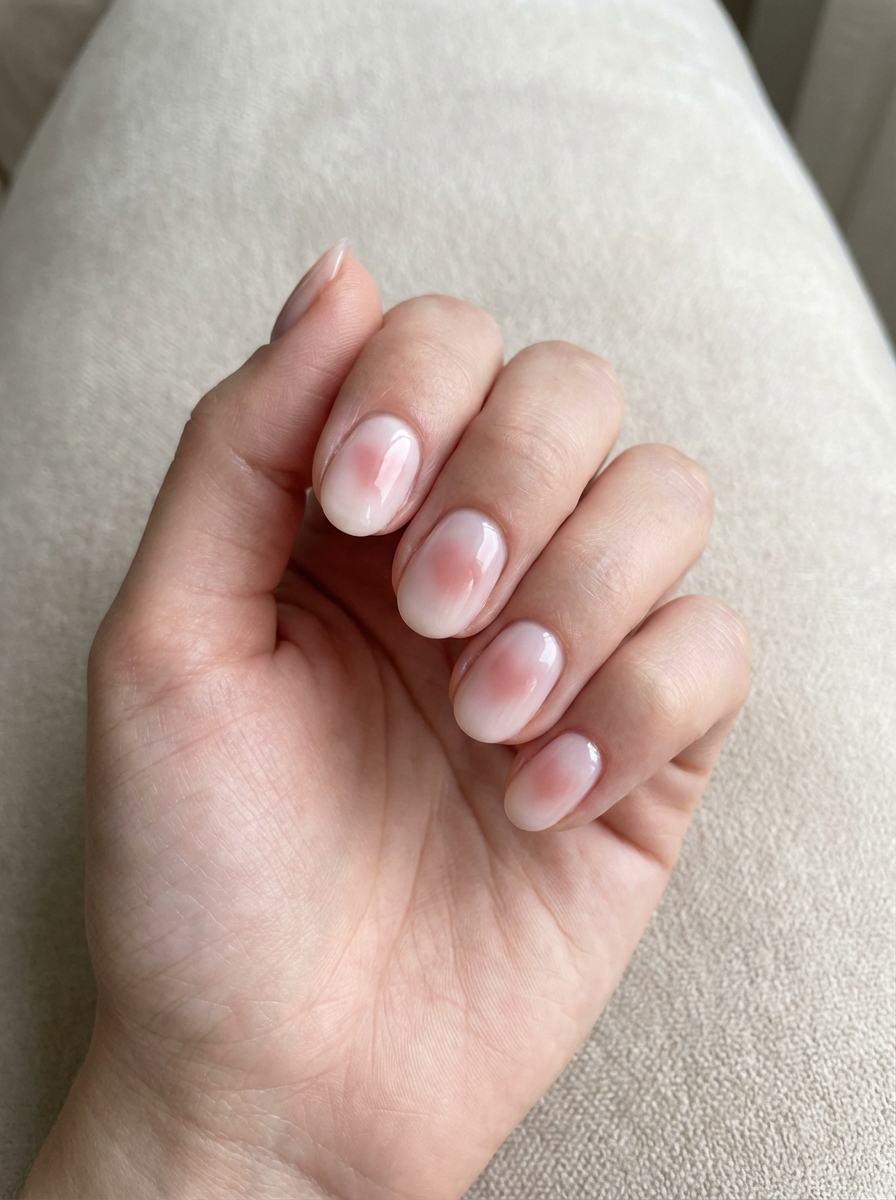 Top-down view of a hand resting on light fabric, showing sheer milky almond nails with soft blush tones at the center, styled as minimalist valentine's nail art ideas.
