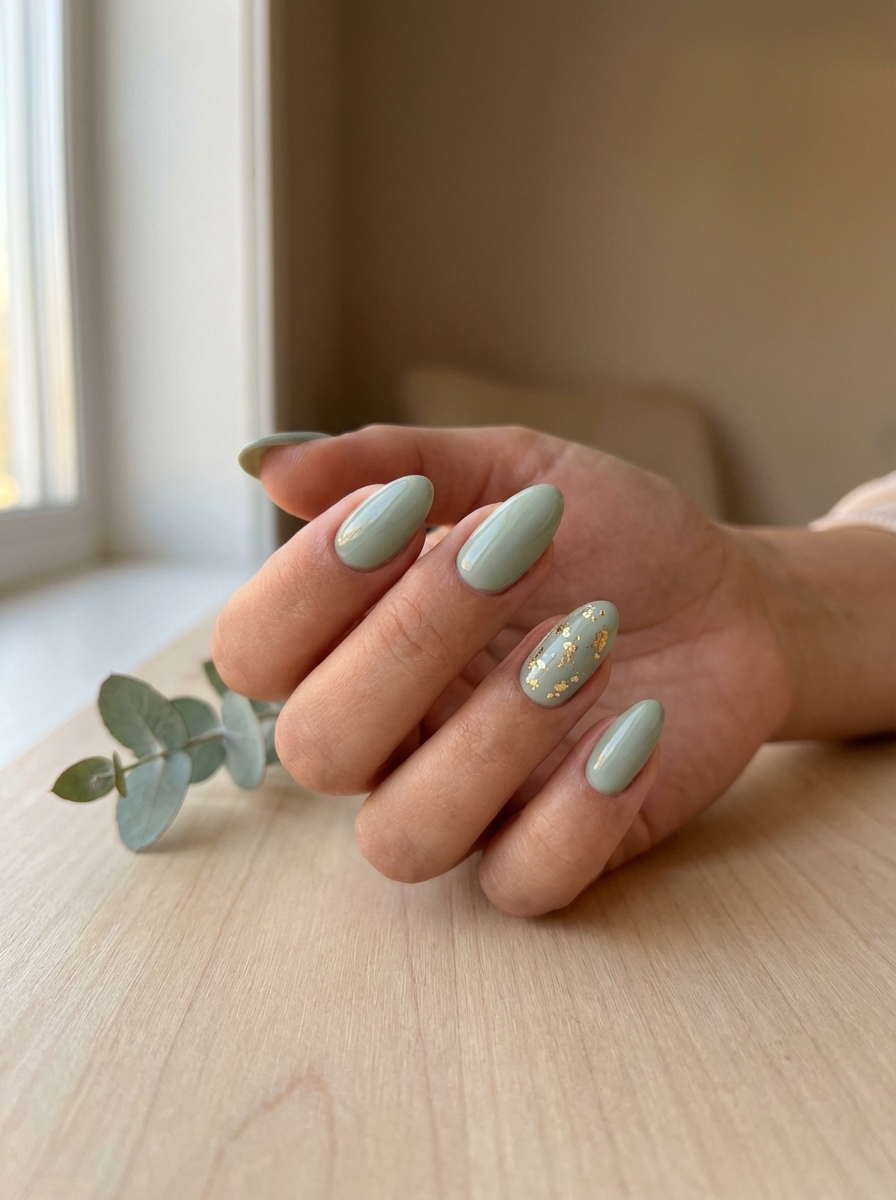 Manicured hand positioned on a light wooden surface featuring a bridesmaid nail art idea with soft sage green polish and gold foil accent details near a window