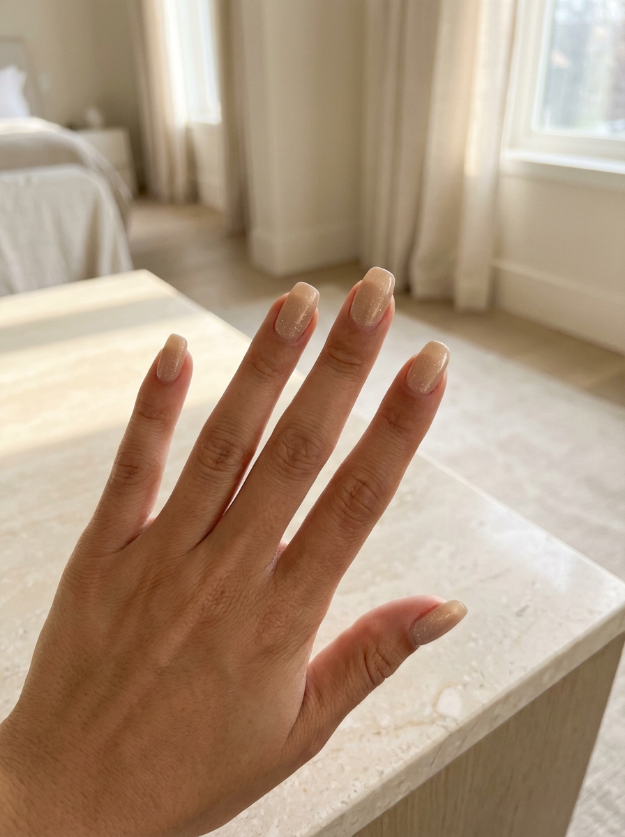 Manicured hand near a window displaying a bridesmaid nail art idea with nude beige shimmer polish on short square-shaped manicure in a calm indoor setting