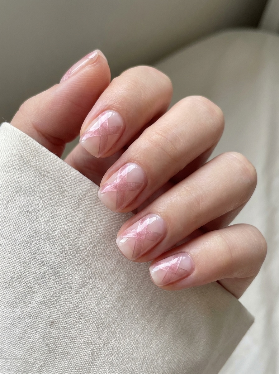 Studio-style close-up of manicured nails against neutral fabric, featuring a light pink nail art idea with sheer blush polish and fine translucent geometric lines.