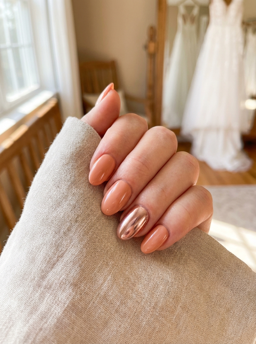 Close-up of a hand displaying a bridesmaid nail art idea with toffee nude polish and a metallic rose gold chrome accent nail near a window with wedding dresses in the background