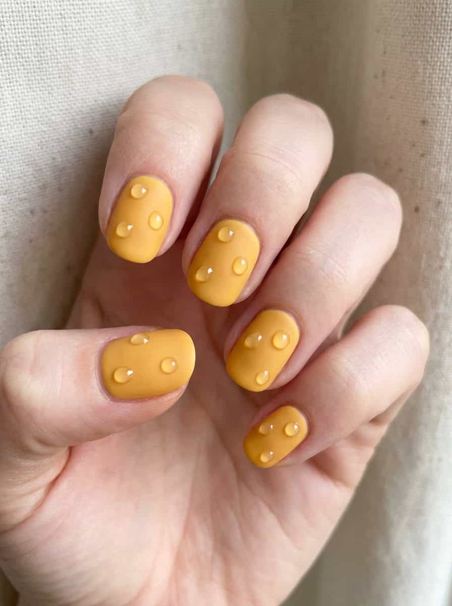 A hand showing a yellow nail art idea with smooth matte yellow polish and clear glossy bubble-like dots on short round nails, styled near beige curtains.