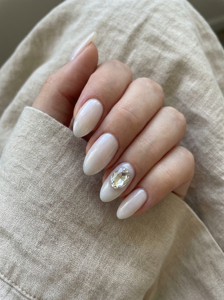 Close-up of hand with oval-shaped nails in pearl shimmer polish, featuring a large rhinestone accent—an elegant and glamorous prom nail art idea.