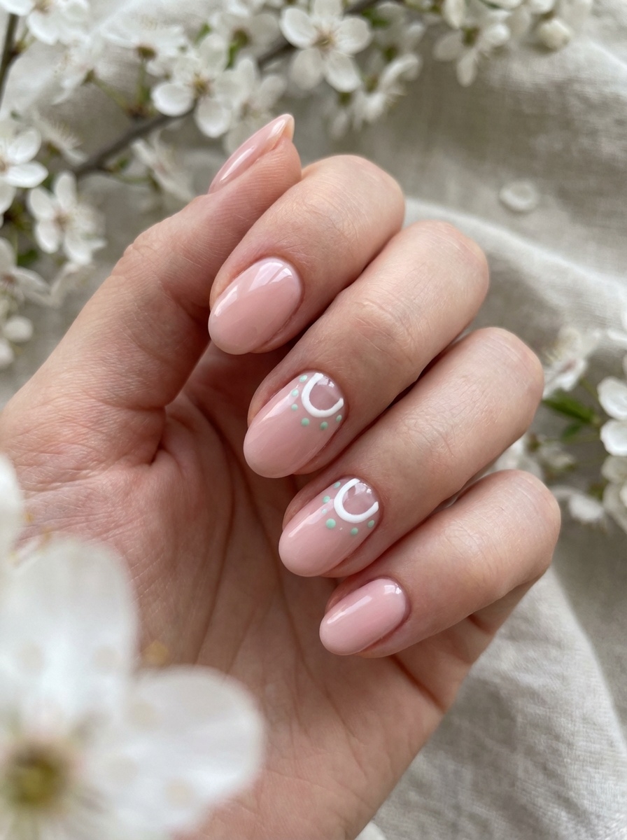 Close-up of fingers resting near flowers, featuring a light pink nail art idea with blush polish, white crescent accents, and tiny mint-colored dots.