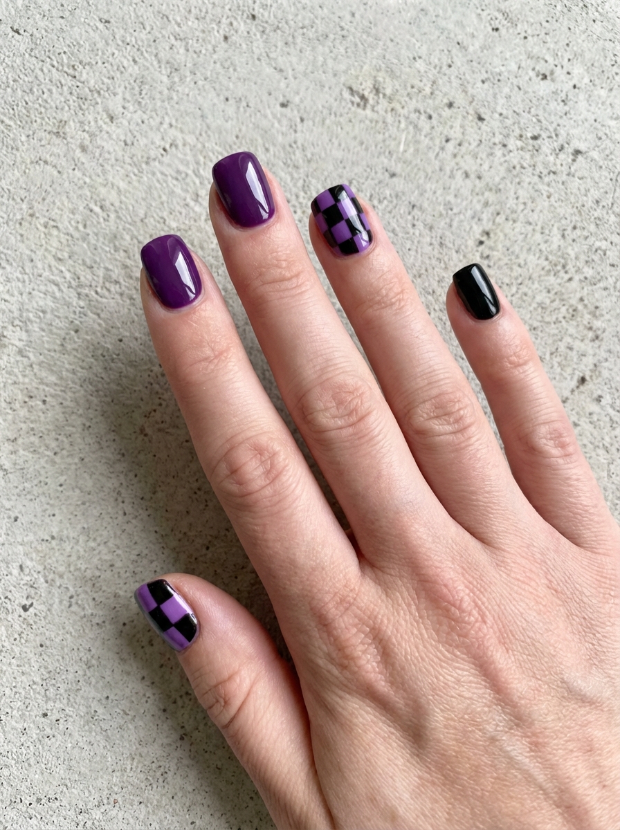 Viewed from above, a hand shows glossy purple nails with black polish on the pinky and checkerboard purple-and-black patterns on two nails in a purple and black nail art idea.