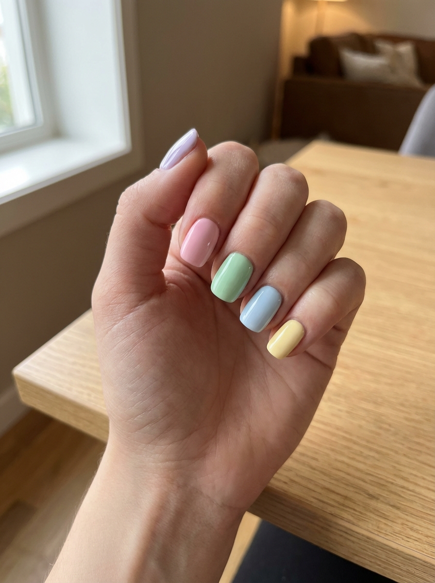 Hand near a wooden table featuring pretty nail art ideas with glossy short square nails painted in different pastel colors including pink, mint green, light blue, yellow, and lavender.