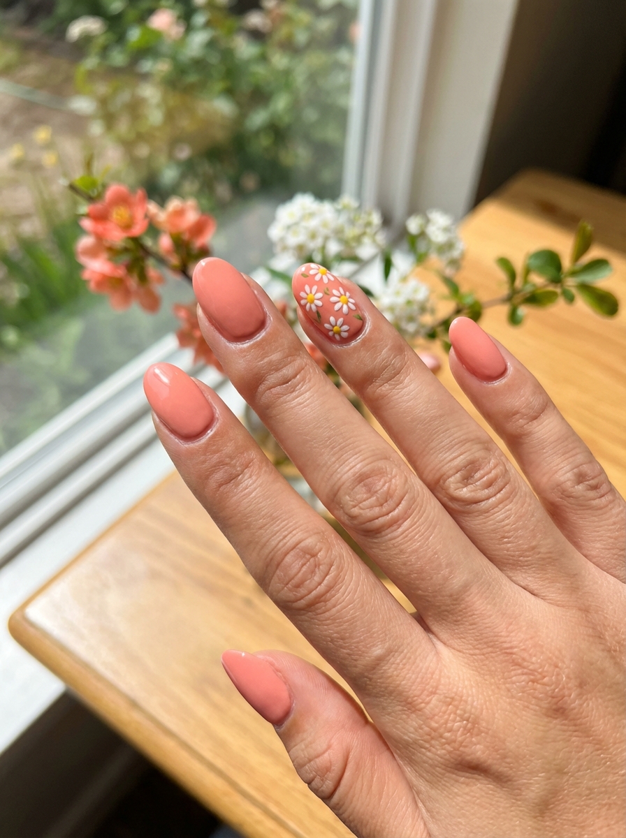 Close-up of a manicured hand showing a bridesmaid nail art idea with coral peach polish and tiny white daisy designs on one accent finger near a window