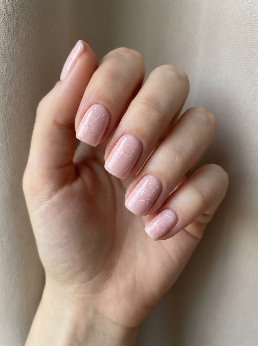 A hand with neatly manicured nails featuring a light pink polish and a subtle cracked pattern design.