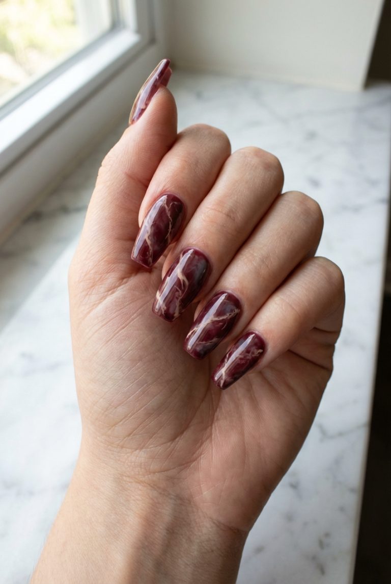 A hand with elongated, glossy, maroon-colored nails featuring a marbled pattern, set against a light marble surface beside a window.