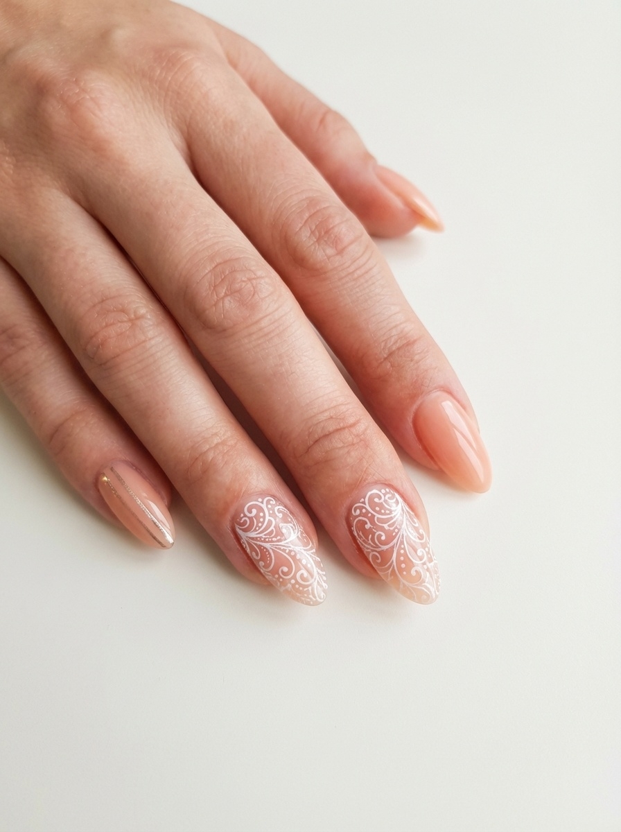 Polished fingers with semi-sheer peach nails, featuring statement accents with delicate white filigree line art—offering a graceful, editorial twist on the peach nail art idea.