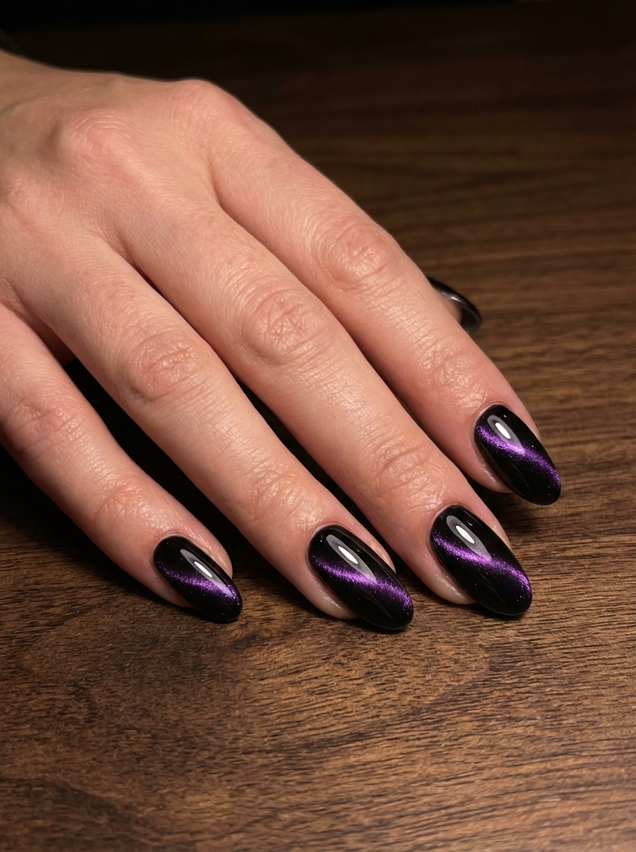 Resting gently on a wooden surface, fingers display almond nails painted black with a purple cat-eye magnetic streak running through the middle, highlighting a purple and black nail art idea.