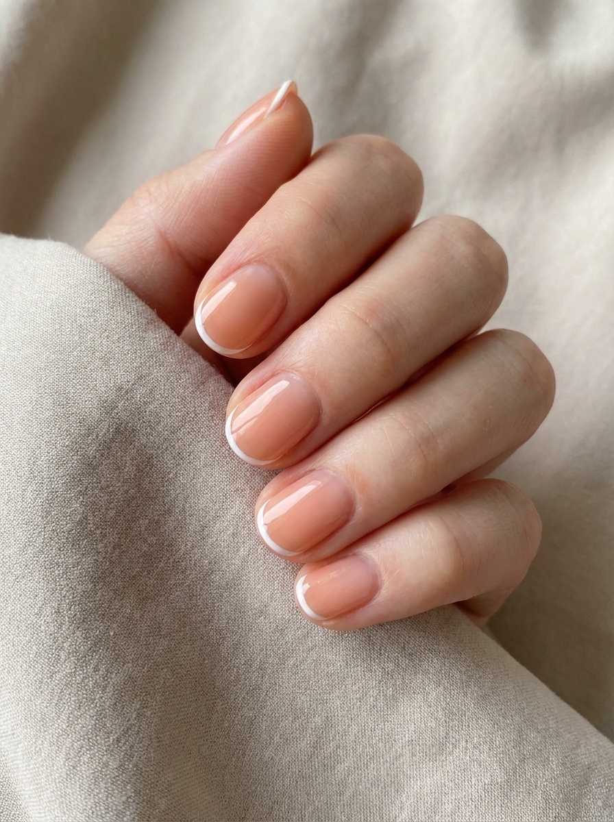 Glossy short nails with a warm peach base and slim white French tips, captured on a hand resting against beige fabric—elevating a classic look with a soft peach nail art idea.