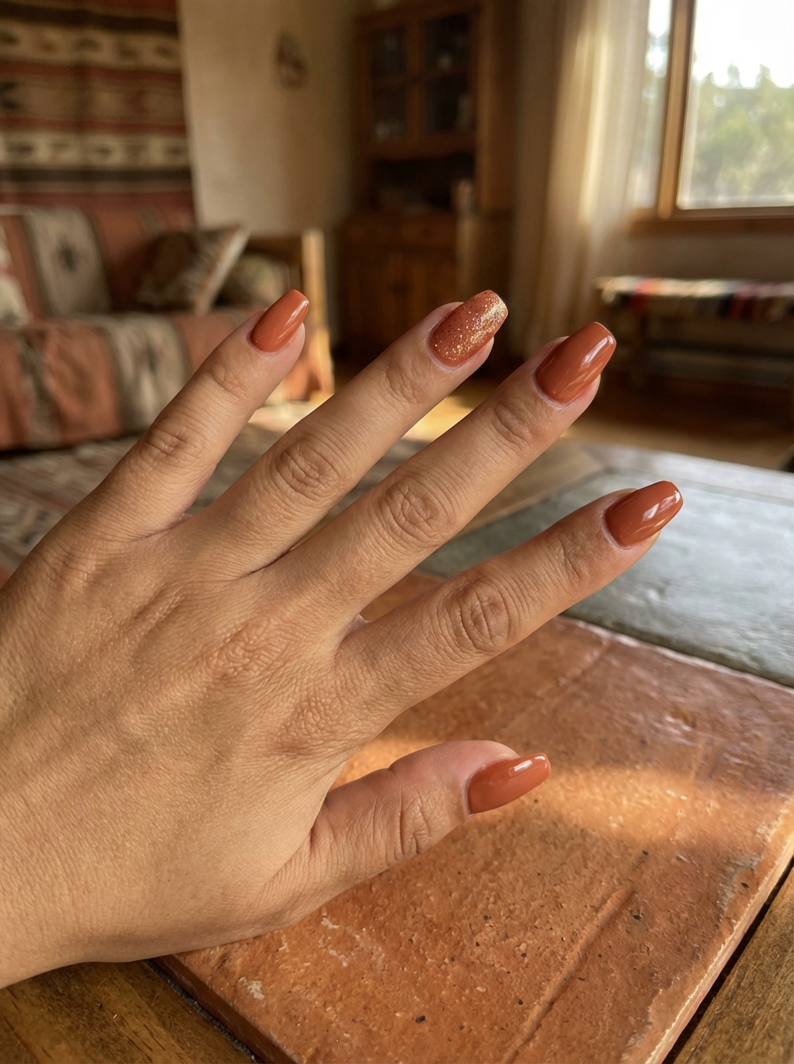 Hand extended above a rustic wooden table presenting a bridesmaid nail art idea with warm caramel brown polish and a rose gold glitter accent nail in a cozy living room setting
