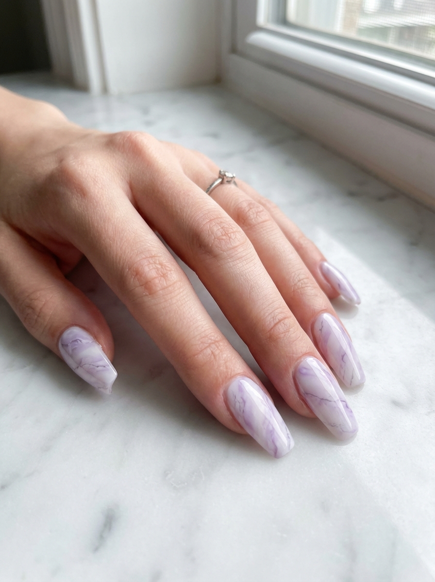 Hand resting on a marble windowsill showing pretty nail art ideas with almond-shaped nails featuring pale lavender marble patterns over a glossy milky base.