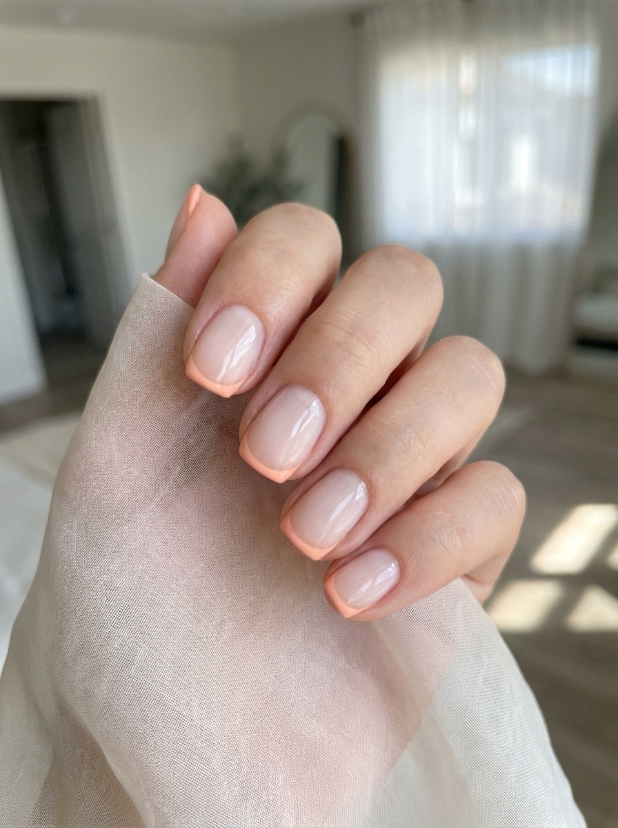 Short nude nails with thin pastel peach French tips, photographed in soft daylight—showcasing a clean, updated version of a classic peach nail art idea.