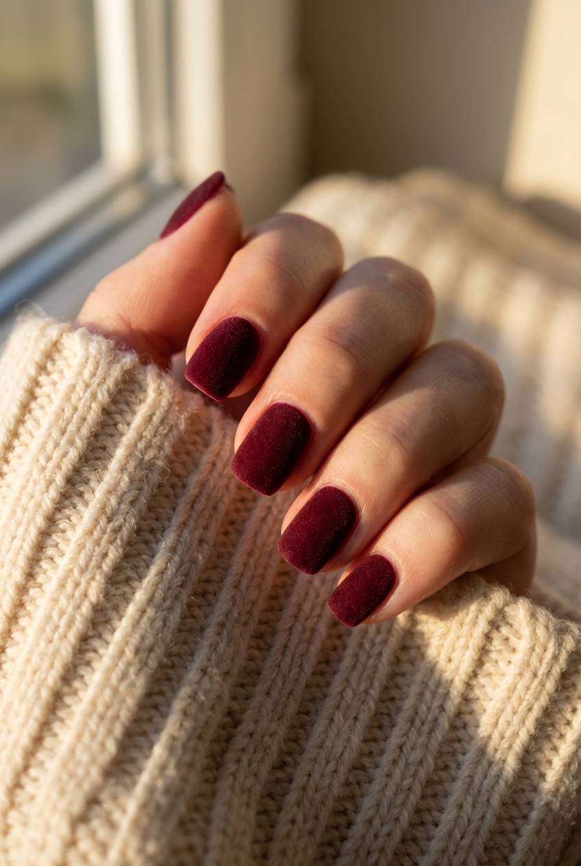 Hand wrapped in a chunky cream knit sweater near a sunlit window, showing a maroon nail art idea with short square nails painted in deep matte maroon polish.