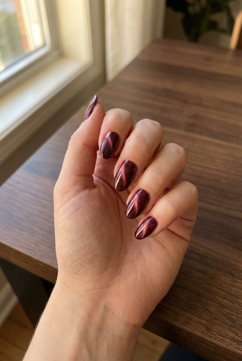 Hand resting near a wooden table by a bright window, featuring a maroon nail art idea with almond-shaped nails coated in reflective metallic maroon chrome polish.