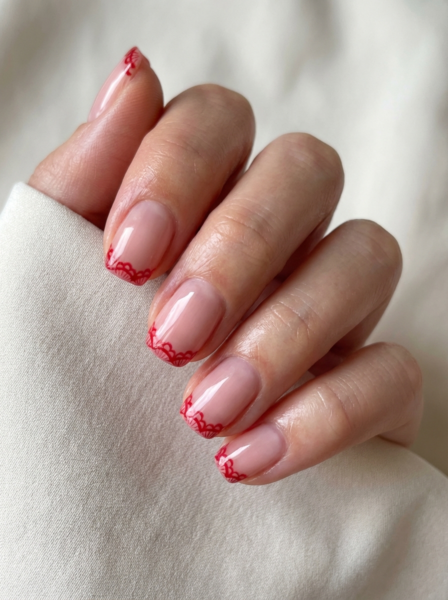 Natural light image of fingers showing glossy sheer pink nails with fine red lace detailing along the tips, presented as romantic valentine's nail art ideas.