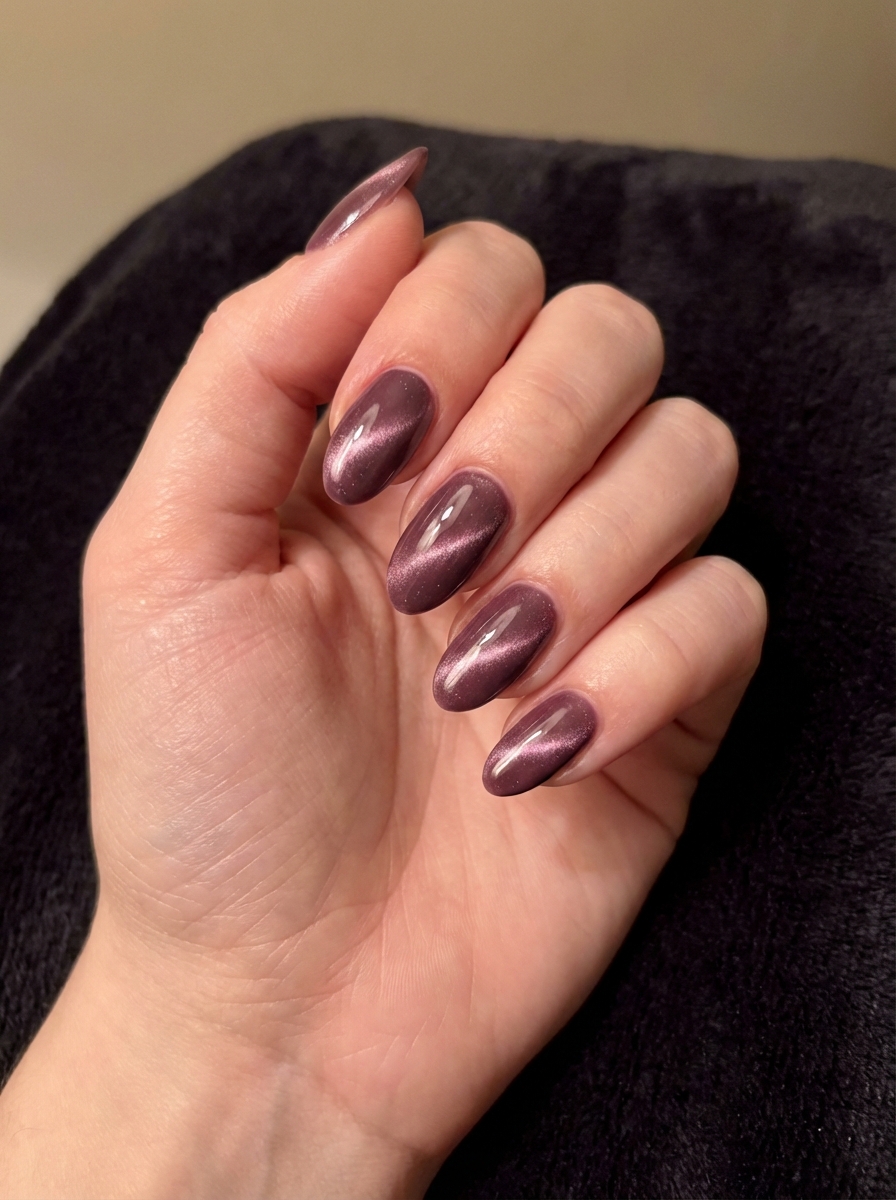 Close-up of a hand with shimmering mauve cat-eye polish on almond nails—showcasing a sultry and magnetic prom nail art idea.