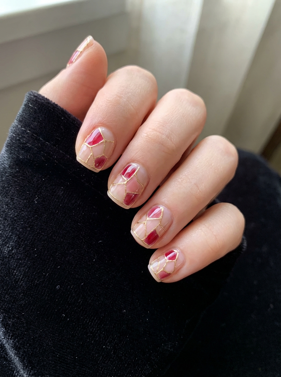 Fingers gently curled against a dark fabric backdrop, showing nude nails with gold framework and rich red accents, presented as sophisticated valentine's nail art ideas.