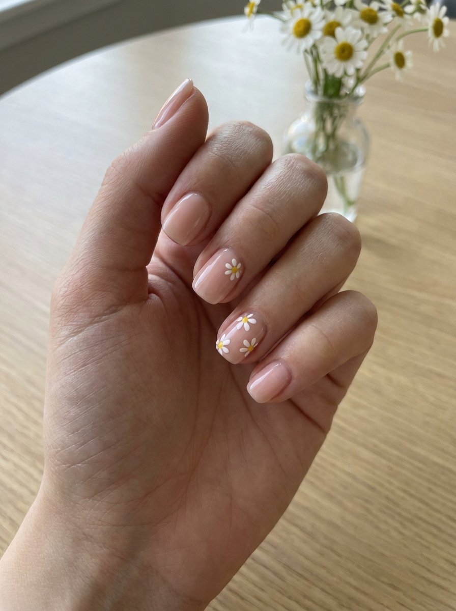 Hand resting near a table with a vase of flowers, showcasing pretty nail art ideas with blush pink nails and small white daisy designs on two accent nails.