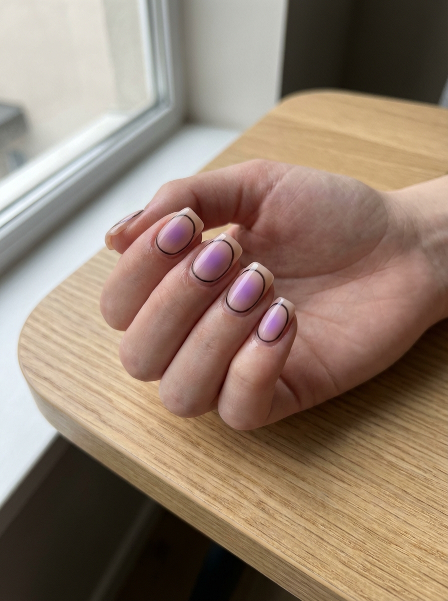 Resting on a light wood surface beside a window, fingers reveal nude nails with soft lavender aura centers and thin black outlines around the edges, presenting a purple and black nail art idea.