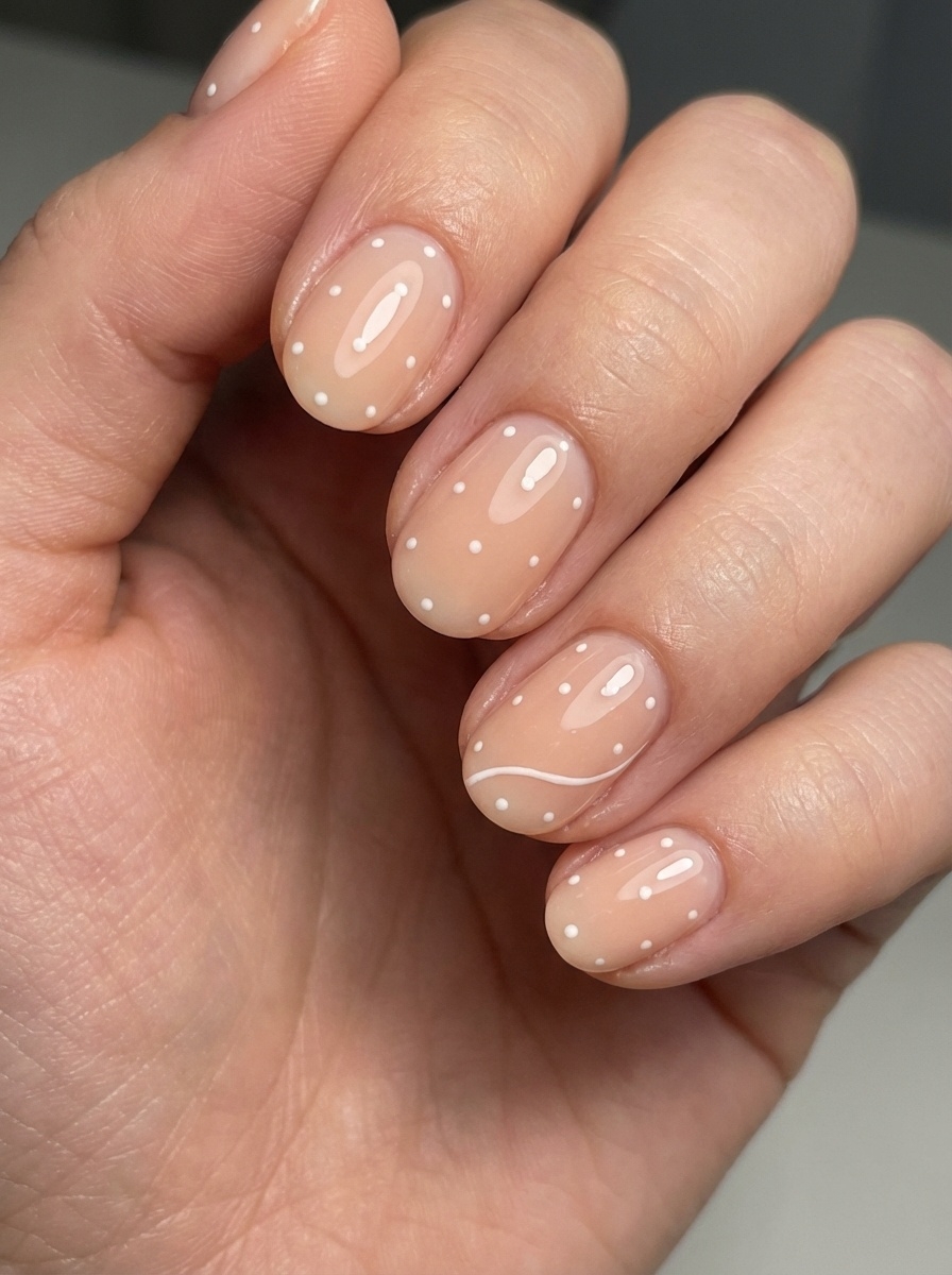 Hand with short, rounded nails in a glossy peach nude, gently detailed with tiny white dots and a single curved line—an artistic and airy take on a peach nail art idea.