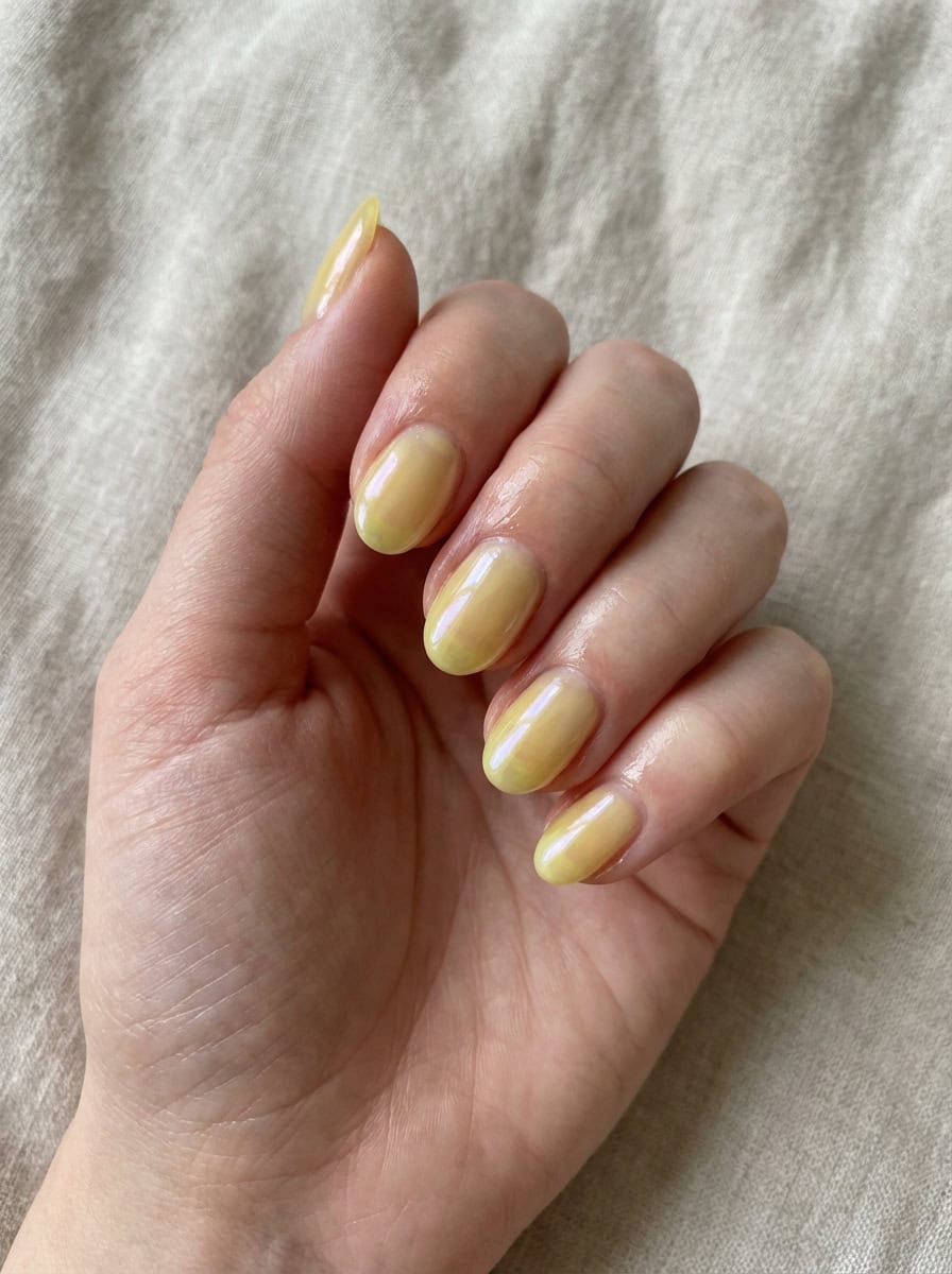 Yellow nail art idea featuring short oval nails painted with a translucent lemon-tinted polish, creating a barely-there finish on a clean natural base, resting on beige fabric.