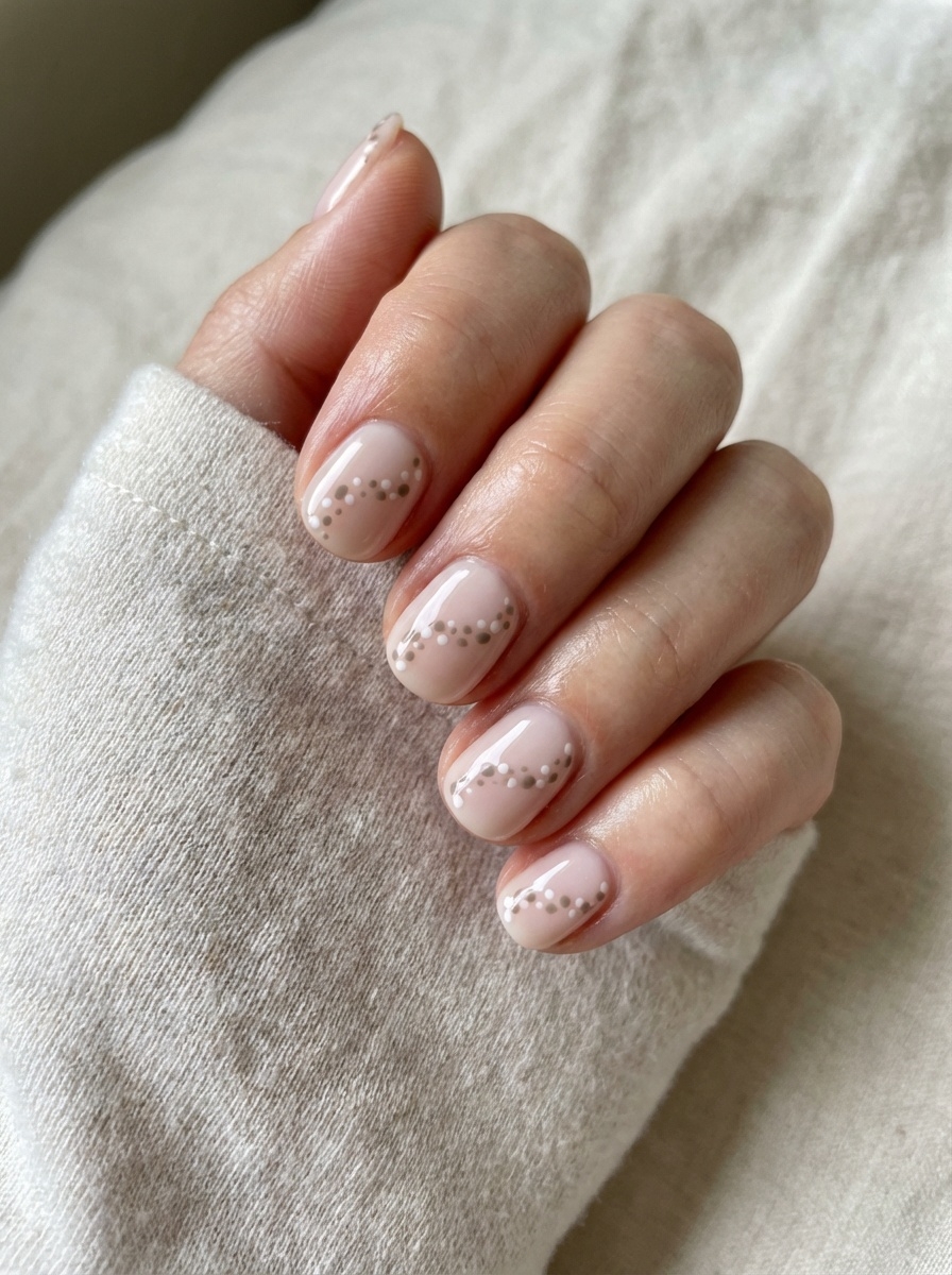Hand emerging from a soft sleeve, displaying a light pink nail art idea with sheer blush nails and pearl-like dots arranged in curved wave patterns.