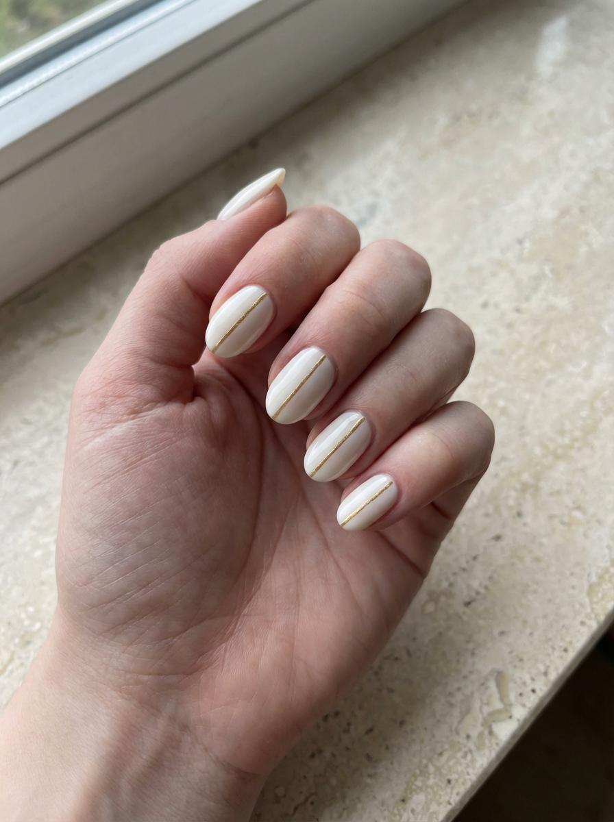 Close-up of a hand resting beside a window, displaying pretty nail art ideas with short rounded ivory nails detailed by a thin vertical gold stripe centered on each nail.