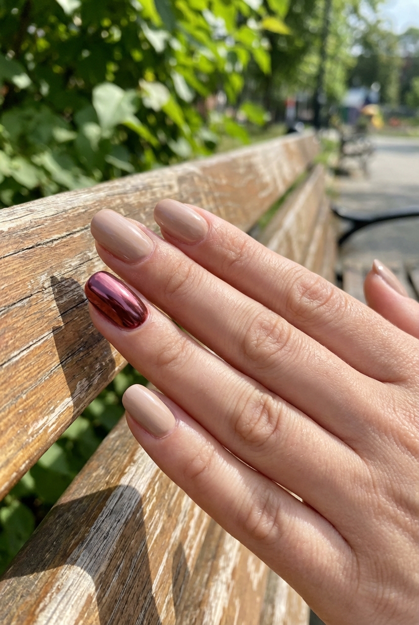 Hand resting along a weathered wooden park bench in bright sunlight, showing a maroon nail art idea with neutral beige nails and one glossy maroon chrome accent nail.